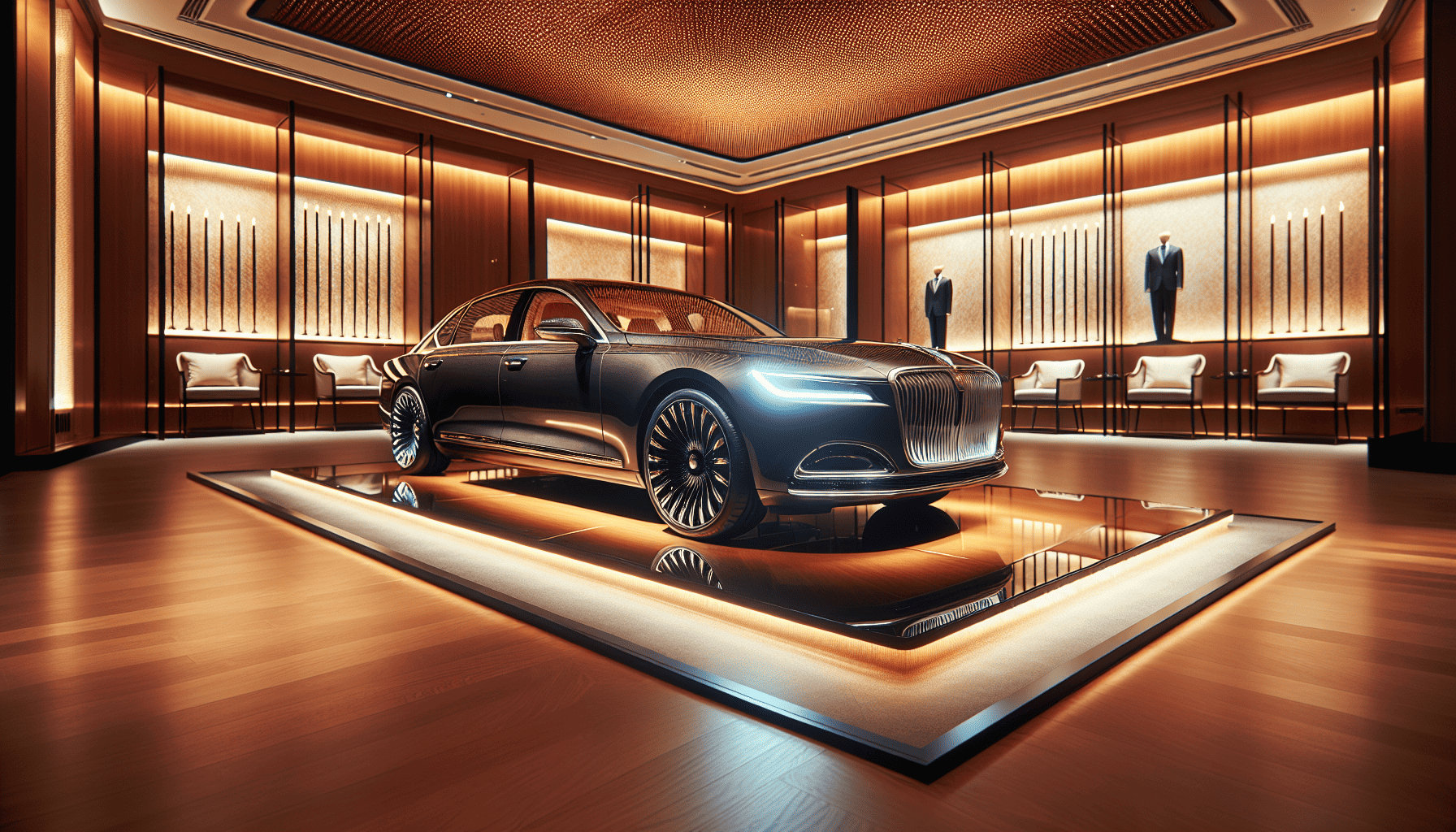 Elegante sedan in een luxe showroom